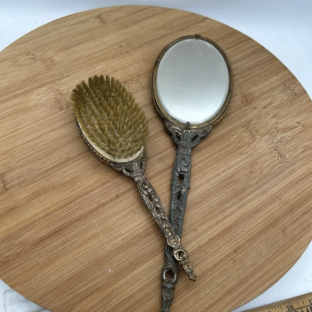 Apollo Hand Mirror & Brush Set Ormolu Filigree Floral‎ Vanity Hollywood Regency